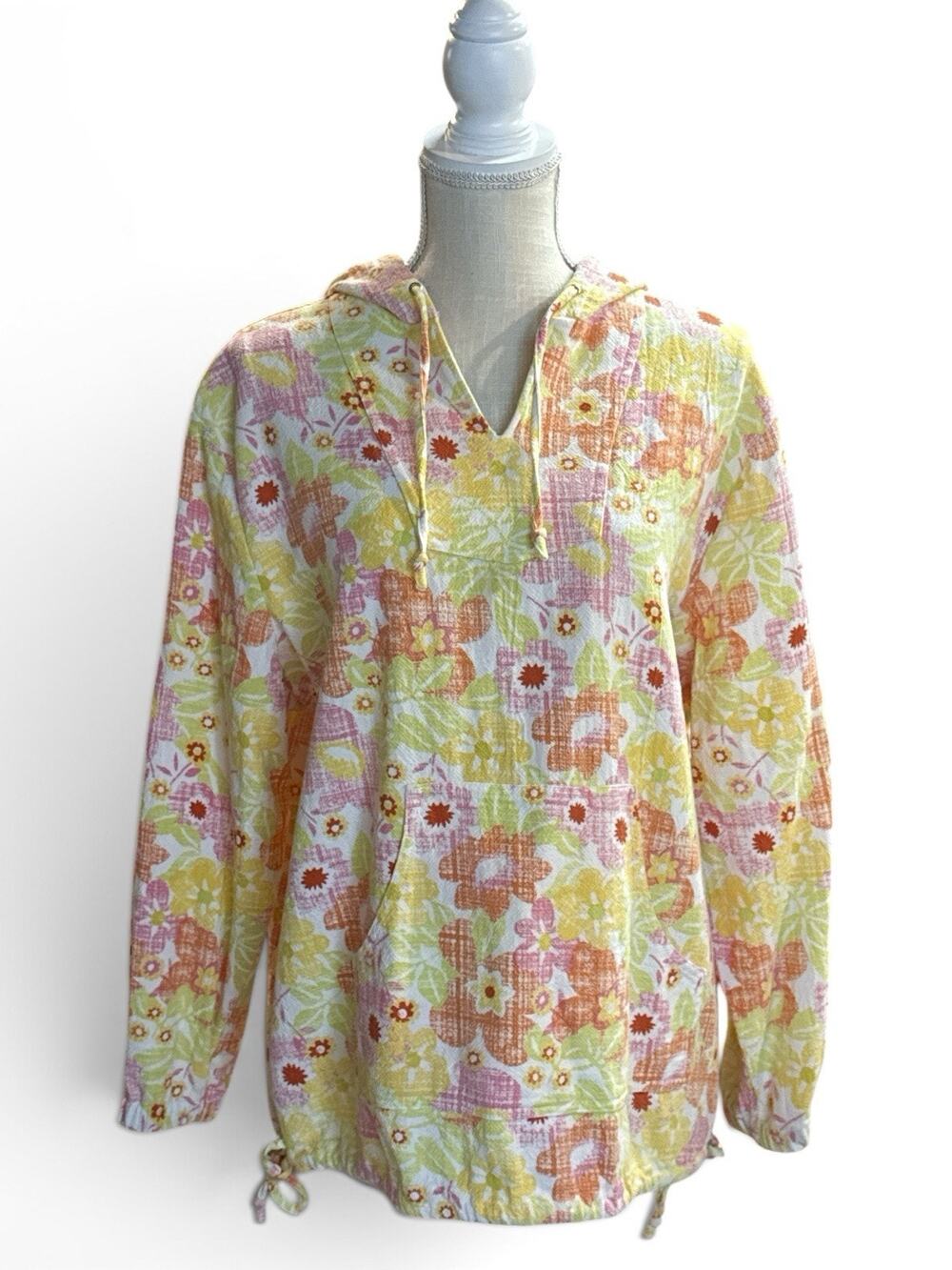 Christopher Banks Floral Hoodie Pullover Womens 1X White Pink Textured Cotton